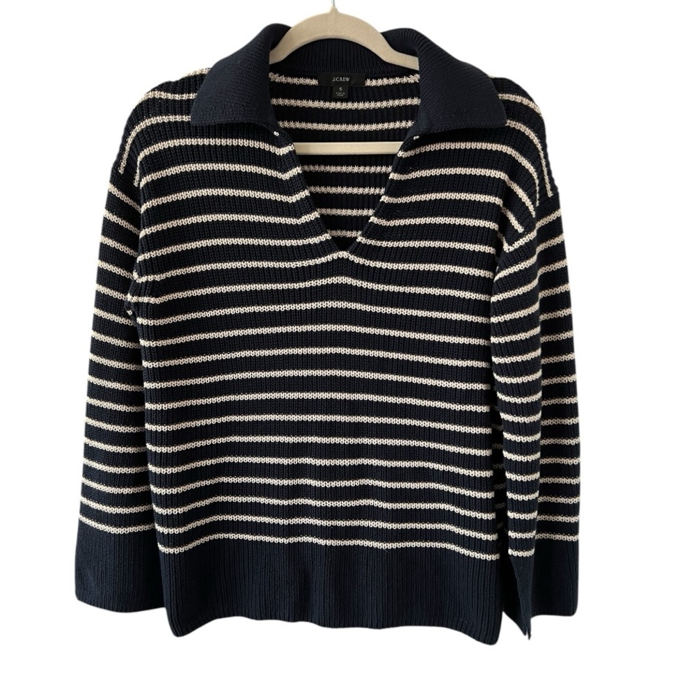 J. Crew Navy Striped Collared Cotton Knit Sweater | Size Small - Picture 3 of 7